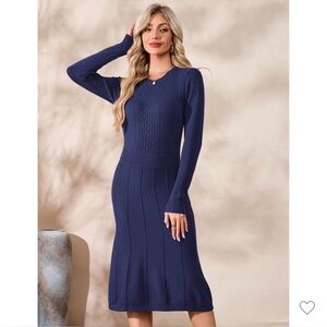 Elegant Navy Knit Midi Dress with Long Sleeves